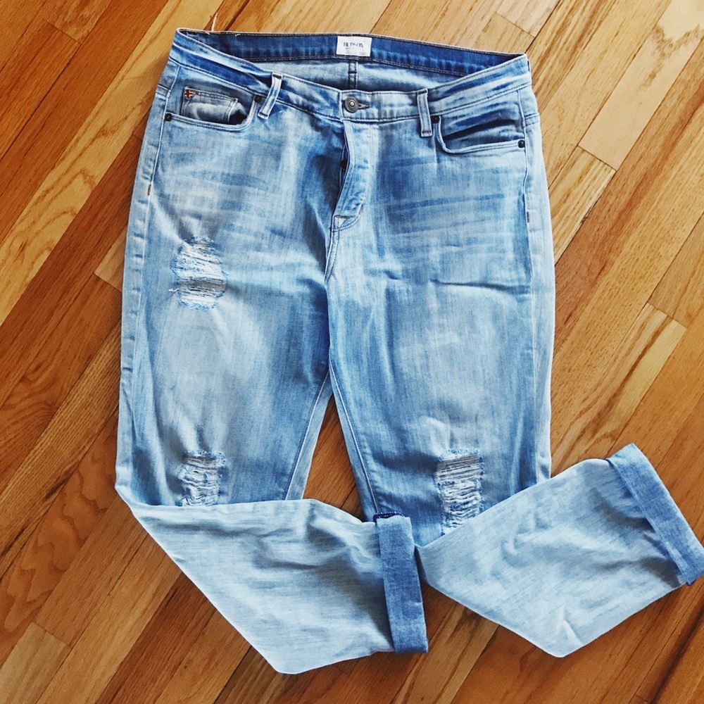 Hudson “Leigh” boyfriend distressed jeans.
